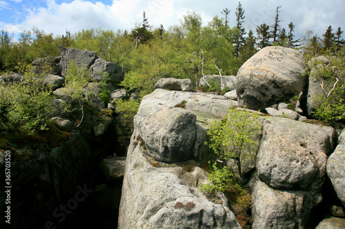 Rock formations in Szczeliniec Wielki in the Stolowe Mountains  the Sudeten range in Poland. The Stolowy Mountains National Park is a great tourist attraction