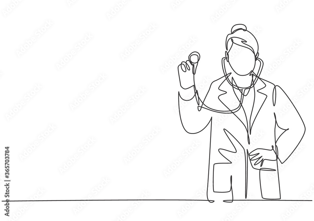 One single line drawing of young happy female doctor pose standing and holding stethoscope at hospital. Medical health care service excellence concept continuous line draw design vector illustration One single line drawing of young happy female doctor pose standing and holding stethoscope at hospital. Medical health care service excellence concept continuous line draw design vector illustration
