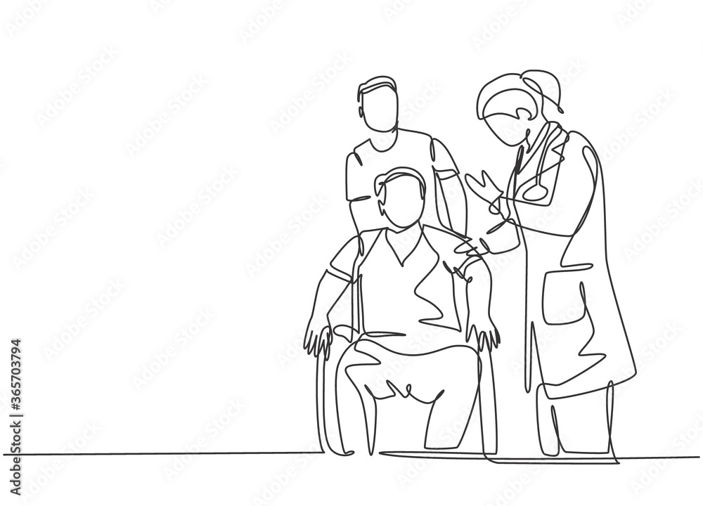 One continuous single line drawing of young female doctor giving consultation session to the patient on wheelchair. Medical health care treatment concept single line draw design vector illustration One continuous single line drawing of young female doctor giving consultation session to the patient on wheelchair. Medical health care treatment concept single line draw design vector illustration