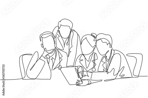 One continuous single line drawing group of male and female doctors discussing and diagnosing patient's disease at hospital room. Medical meeting concept single line draw design vector illustration