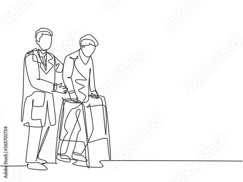 Single continuous single line drawing of young male doctor give help to the patient to walk therapy using crutch at hospital. Medical treatment service concept one line draw design vector illustration