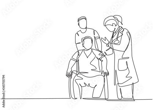 One continuous single line drawing of young female doctor giving consultation session to the patient on wheelchair. Medical health care treatment concept single line draw design vector illustration