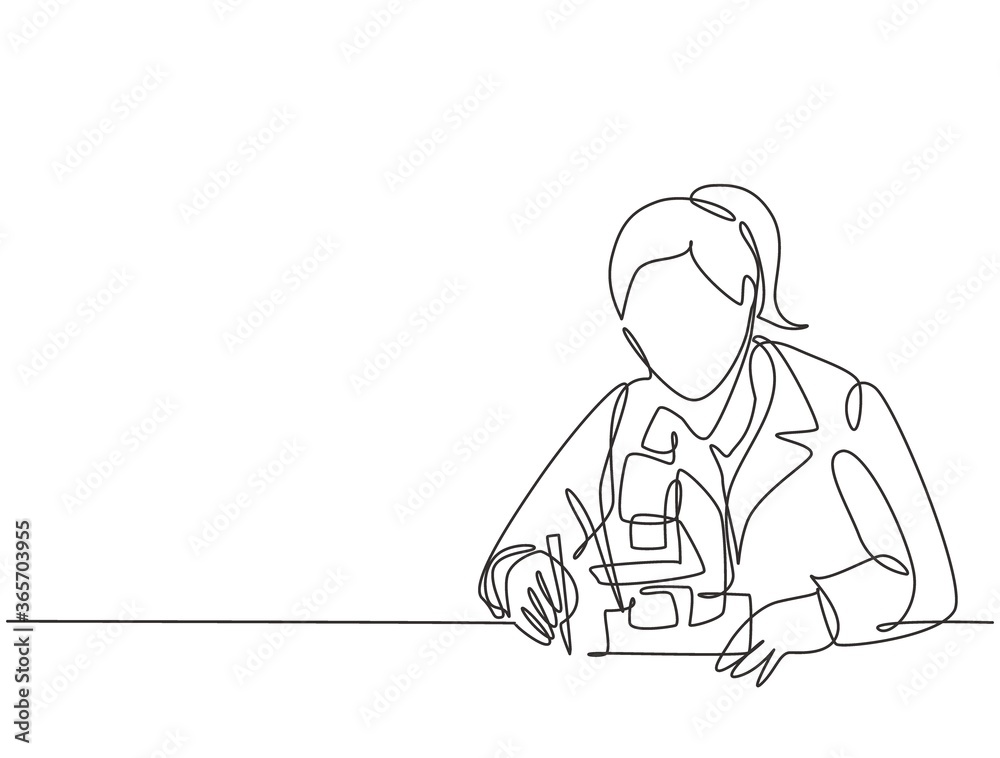 One continuous line drawing of young female scientist examine the virus that causes covid with laboratory microscope. Coronavirus vaccine research concept single line draw design vector illustration
