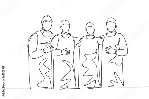 Single continuous single line drawing group of surgeon doctors standing and posing after do operating surgery at hospital. Medical care treatment concept one line draw design vector illustration