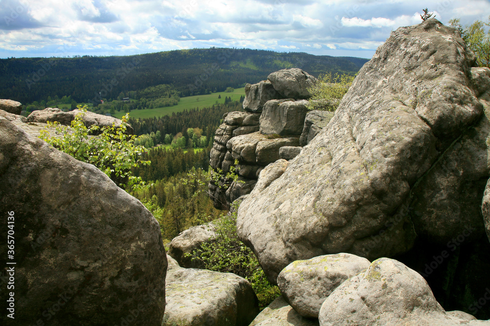 Rock formations in Szczeliniec Wielki in the Stolowe Mountains, the Sudeten range in Poland. The Stolowy Mountains National Park is a great tourist attraction