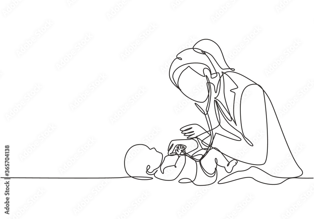 One single line drawing of young female pediatric doctor examining baby