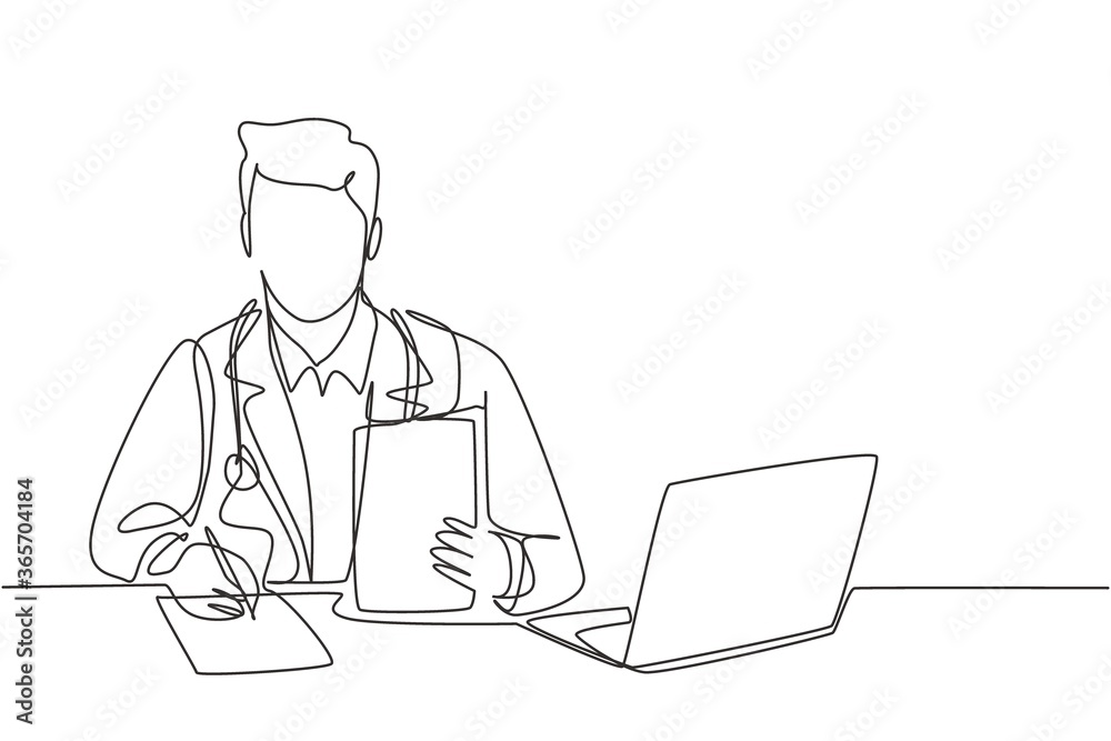 One single line drawing of young happy male doctor writing medical prescription to the sick patient at hospital desk. Medical healthcare service concept continuous line draw design vector illustration