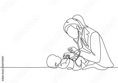 One single line drawing of young female pediatric doctor examining baby health condition and check the heart beat. Medical health care service concept continuous line draw design vector illustration photo