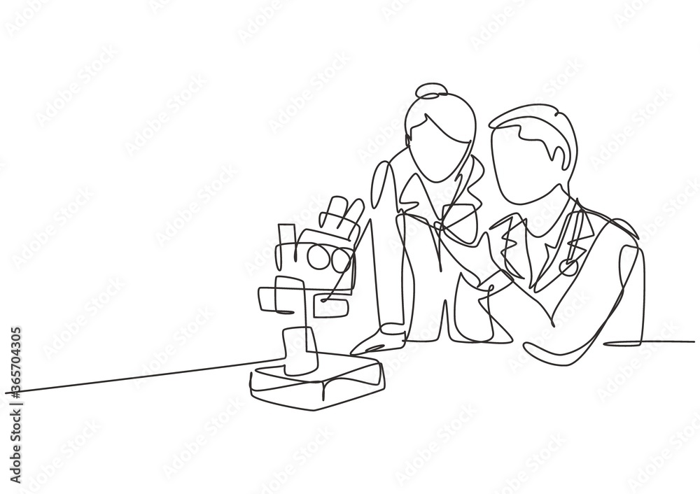 One continuous line drawing of scientist analyze blood sample using laboratory microscope to find covid19 vaccine. Medical research coronavirus concept single line draw design vector illustration
