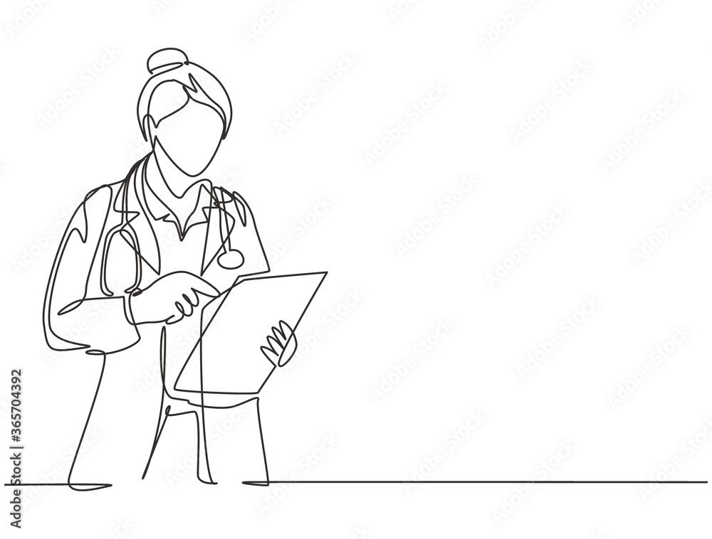 One single line drawing of young female doctor reading patient medical record on clipboard while stand at hospital hallway. Medical health care concept continuous line draw design vector illustration One single line drawing of young female doctor reading patient medical record on clipboard while stand at hospital hallway. Medical health care concept continuous line draw design vector illustration