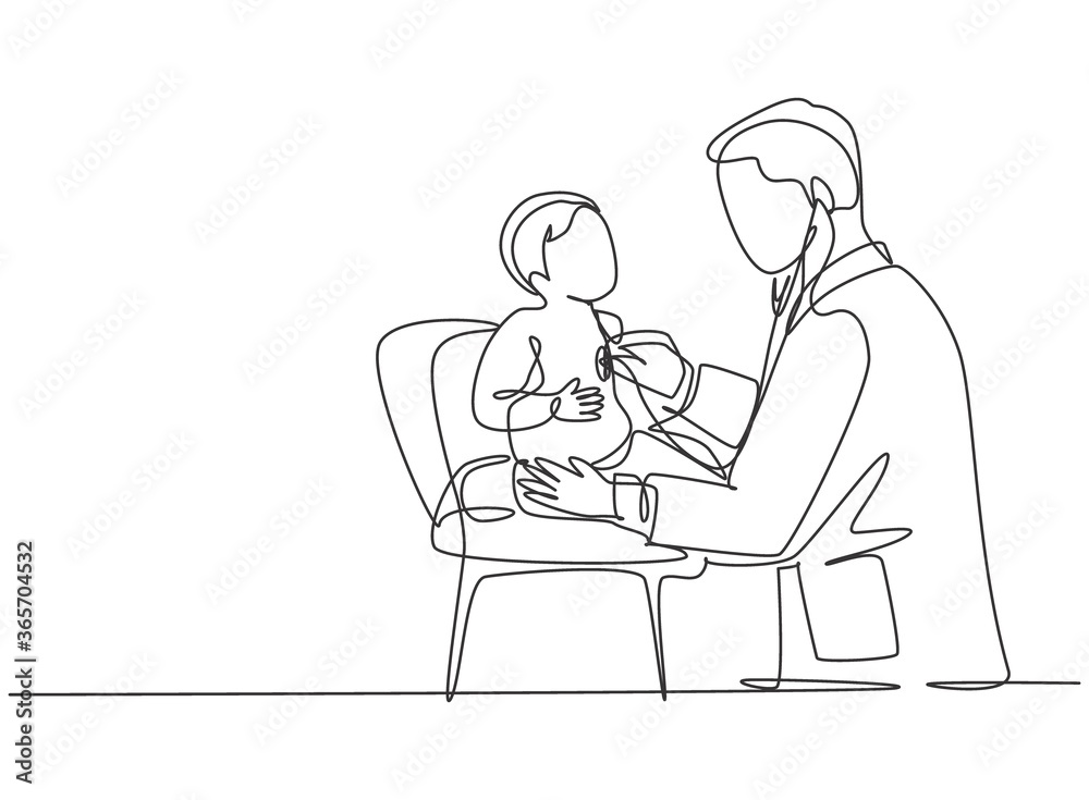 Single continuous line drawing of young male pediatric doctor examining heart beat cute toddler patient with stethoscope. Medical health care treatment concept one line draw design vector illustration Single continuous line drawing of young male pediatric doctor examining heart beat cute toddler patient with stethoscope. Medical health care treatment concept one line draw design vector illustration