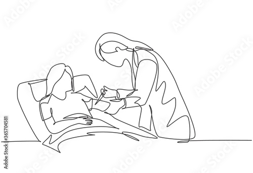 One continuous line drawing of young female doctor giving antibiotic injection to the patient who laying weakly in the bed. Medical health care concept single line draw design vector illustration