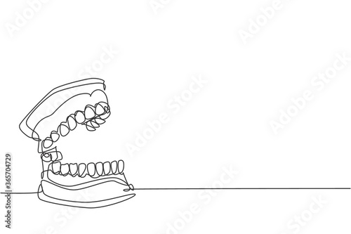One continuous line drawing of anatomical complete adult human teeth. Modern medical internal anatomy concept single line draw design graphic vector illustration