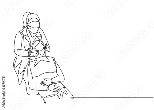 One single line drawing of young female dentist examining patient teeth and do tooth filling at dental clinic. Mouth health care treatment concept continuous line draw design vector illustration