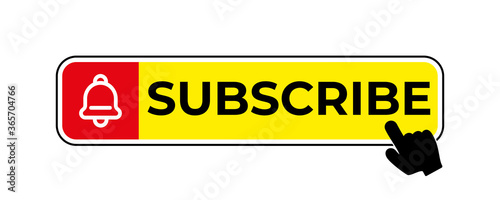 Subscribe button for social media. Subscribe to video channel, blog and newsletter. Red button with hand and bell for subscription. Vector illustration