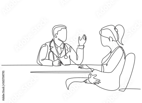 One single line drawing of male obstetrics and gynecology doctor talk to patient giving suggestion and advice. Pregnancy health care treatment concept continuous line draw design vector illustration