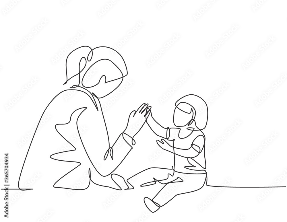 Single continuous line drawing of young female pediatric doctor invited cute baby toddler patient to play and follow her instruction. Medical treatment concept one line draw design vector illustration