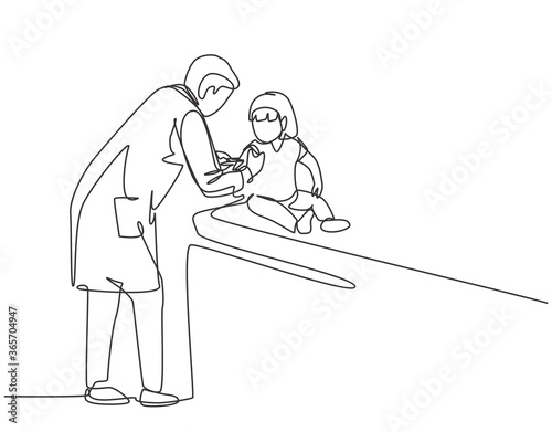 Single continuous line drawing of young male pediatric doctor giving injection to toddler girl patient at hospital. Medical health care treatment concept one line draw design vector illustration