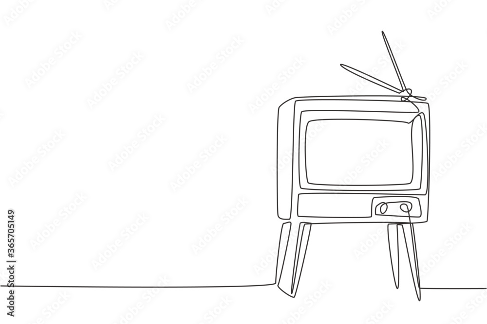 One continuous line drawing of retro old fashioned tv with wooden table ...