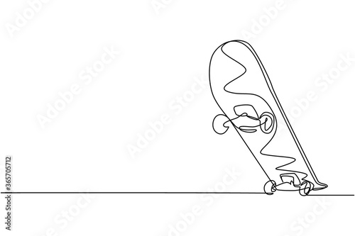 One single line drawing of old retro skateboard. Hipster extreme classic long board sport concept continuous graphic line draw design vector illustration