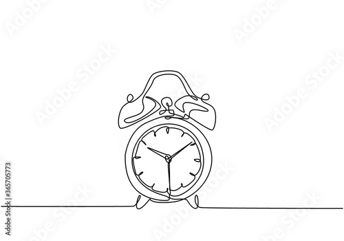 One continuous line drawing of classic analog desk alarm clock with big ring bell to tell the time. Table timepiece concept. Single line draw design vector illustration graphic