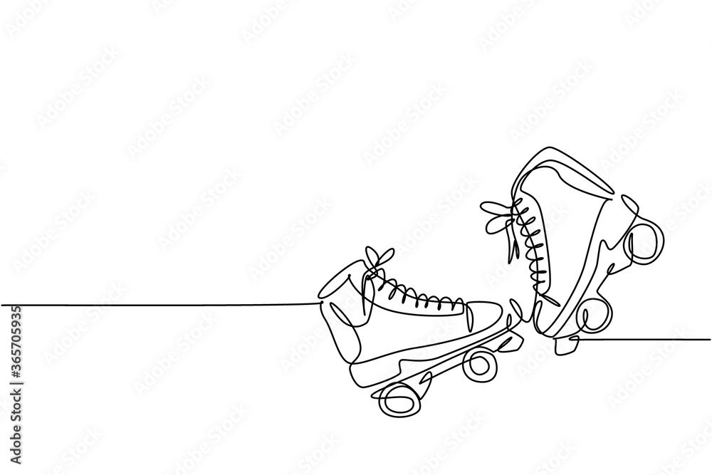 One single line drawing of pair of old retro plastic quad roller skate shoes. Vintage classic extreme sport concept continuous line draw design vector graphic illustration One single line drawing of pair of old retro plastic quad roller skate shoes. Vintage classic extreme sport concept continuous line draw design vector graphic illustration