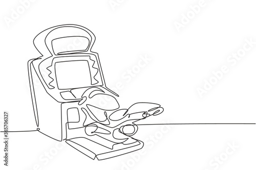 One continuous line drawing of retro old classic motorcycle racing video game machine. Vintage arcade game item concept single line draw design vector illustration graphic