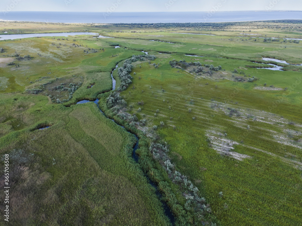 Naklejka premium Aerial view on the Danube Biosphere Reserve in Danuble delta