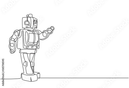 Single continuous line drawing of old retro classic iconic robot from 90s era. Vintage technology electronic toy concept one line draw design vector graphic illustration