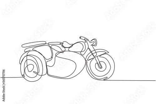 One continuous line drawing of retro old vintage motorcycle with sidecar. Classic motorbike transportation concept single line draw graphic design vector illustration