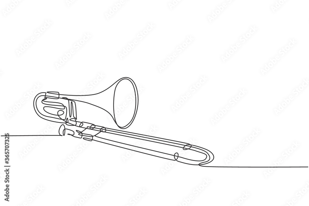 One single line drawing of luxury bass trombone. Wind music instruments