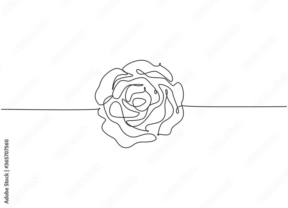 Fototapeta Single continuous line drawing of beautiful fresh romantic rose flower. Trendy greeting card, invitation, logo, banner, poster concept one line draw design vector graphic illustration