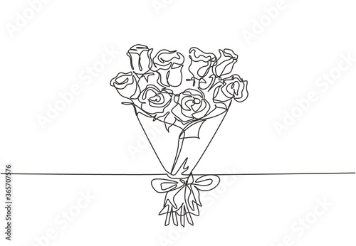 Single continuous line drawing of beautiful fresh rose flower bouquet. Dynamic beauty greeting card, invitation, logo, banner, poster concept one line draw design graphic vector illustration