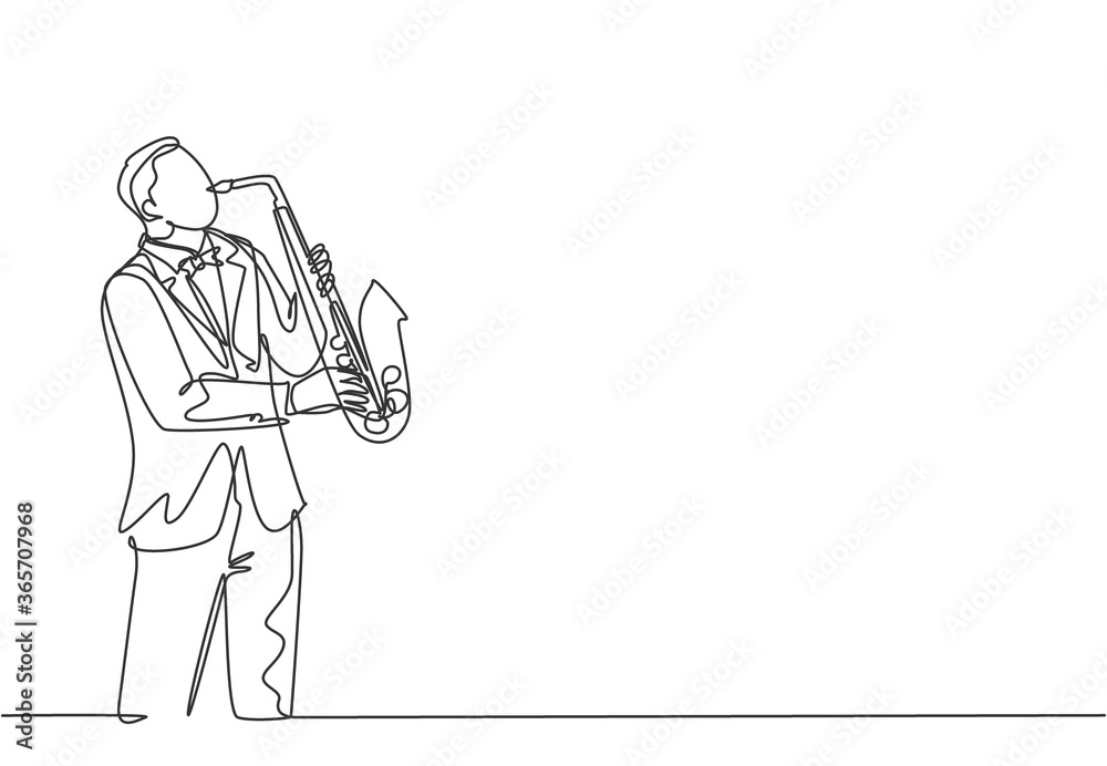 Single continuous line drawing of young happy male saxophonist with hat performing to play saxophone on music concert. Musician artist performance concept one line draw design vector illustration Single continuous line drawing of young happy male saxophonist with hat performing to play saxophone on music concert. Musician artist performance concept one line draw design vector illustration