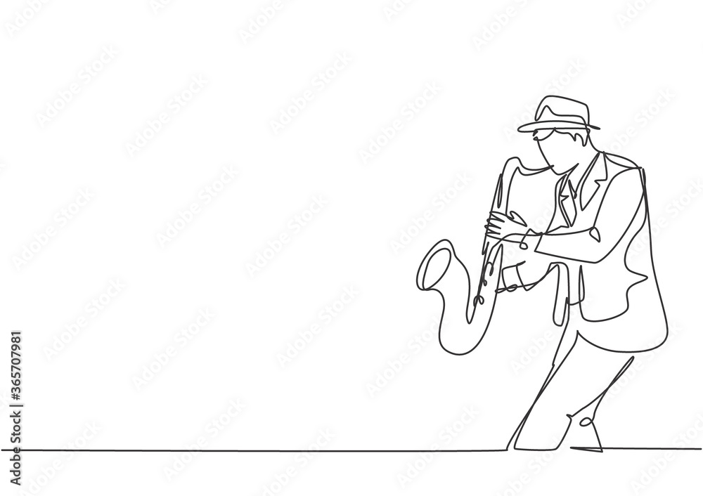 One continuous line drawing of young happy male saxophonist with hat performing to play saxophone on music concert. Musician artist performance concept single line draw design vector illustration - obrazy, fototapety, plakaty 