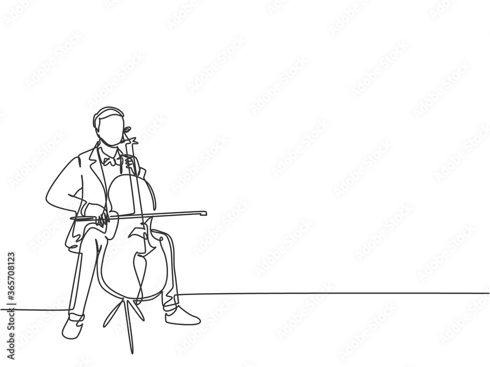 Obraz premium One single line drawing of young happy male cellist performing to play cello on classical orchestra theater. Musician artist performance concept continuous line draw graphic design vector illustration