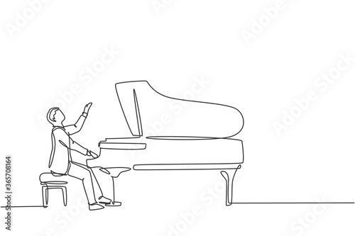 One continuous line drawing of young happy male pianist playing classic grand piano on music concert theater festival. Musician artist performance concept single line draw design vector illustration