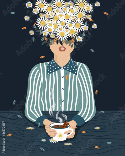 Vector illustration of working women with striped shirt holding white cup of hot Chocolate drink with cinnamon and maple leaf on blue wooden,Healthy drink for Autumn or Winter time. Holiday concept