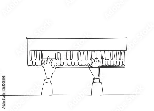 Single continuous line drawing of young happy pianist playing keyboard of grand piano on music concert orchestra, top view. Musician artist performance concept one line draw design vector illustration