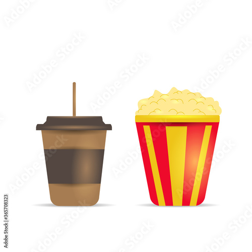 Illustration vector cup coffee or soda with popcorn design isolated on white background