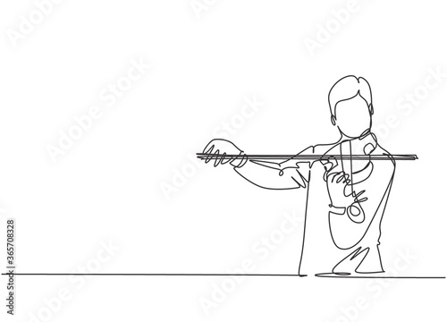 One single line drawing of male violinist performing to play violin on music festival. Trendy musician artist performance concept continuous line draw design graphic vector illustration