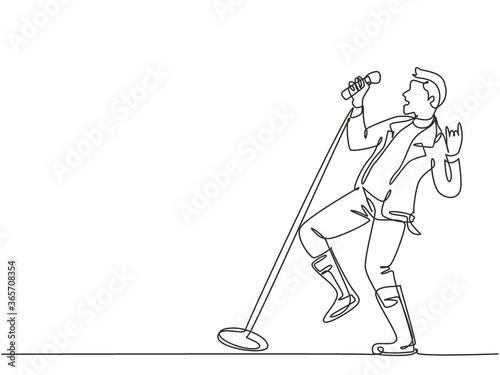 One single line drawing of young happy male rocker singer holding microphone and singing on concert stage. Musician artist performance concept continuous line draw design graphic vector illustration