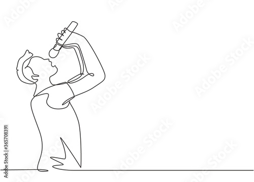 Single continuous line drawing of young happy male rocker singer holding microphone and singing on music festival stage. Musician artist performance concept one line draw design vector illustration
