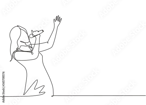 Single continuous line drawing of young happy female singer holding a microphone and singing on music concert. Musician artist performance concept one line draw design vector graphic illustration