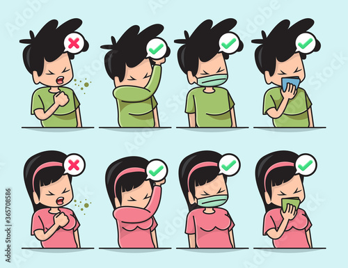 Illustration Vector Graphic of Cute Boy and Girl with the Proper Way to Cover a Mouth When Cough or Sneezing