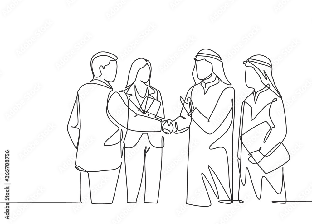 One continuous line drawing of young muslim business man handshake with his colleague. Saudi Arabian businessmen with shemag, kandura, scarf, and keffiyeh. Single line draw design vector illustration