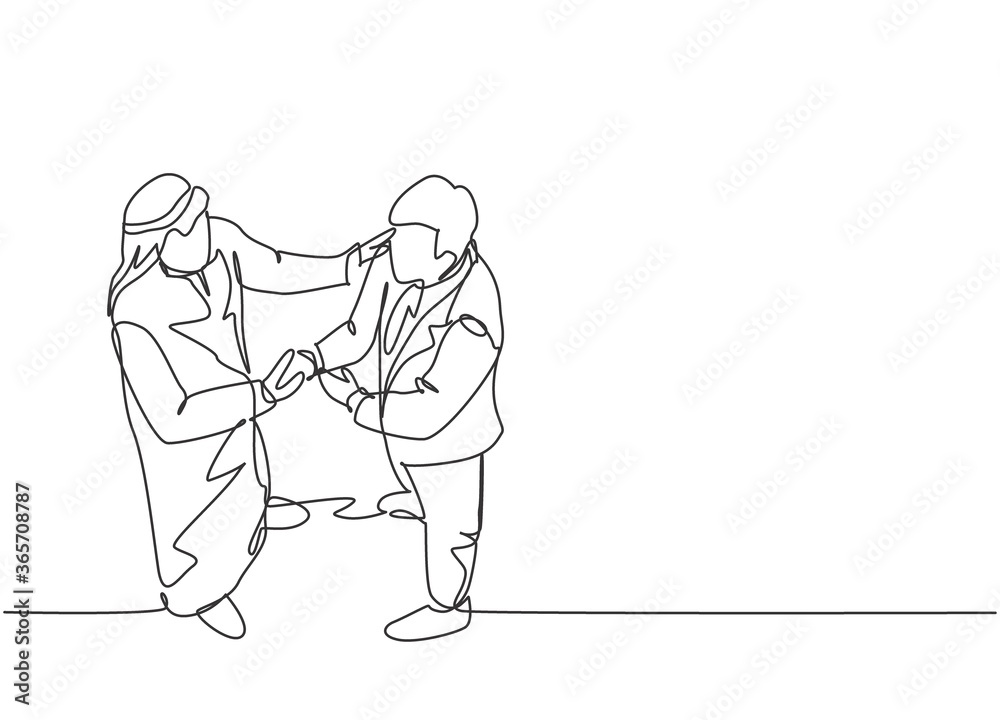 Single continuous line drawing of young muslim business owner shake hands with partner. Arab middle east businessmen with shmagh, kandura, thawb, robe cloth. One line draw design vector illustration