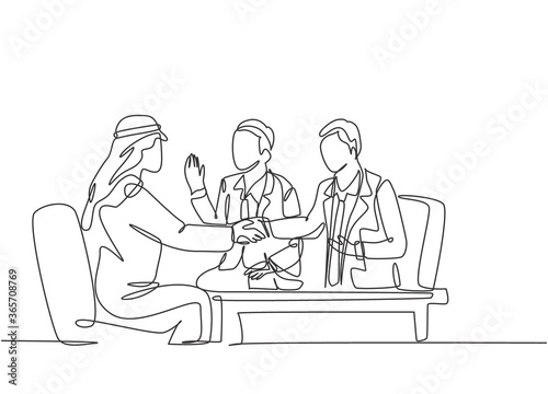 One continuous line drawing of young muslim business man deal project in business meeting . Saudi Arabian businessmen with shemag  scarf  keffiyeh cloth. Single line draw design vector illustration