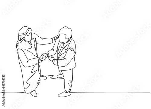 Single continuous line drawing of young muslim business owner shake hands with partner. Arab middle east businessmen with shmagh, kandura, thawb, robe cloth. One line draw design vector illustration