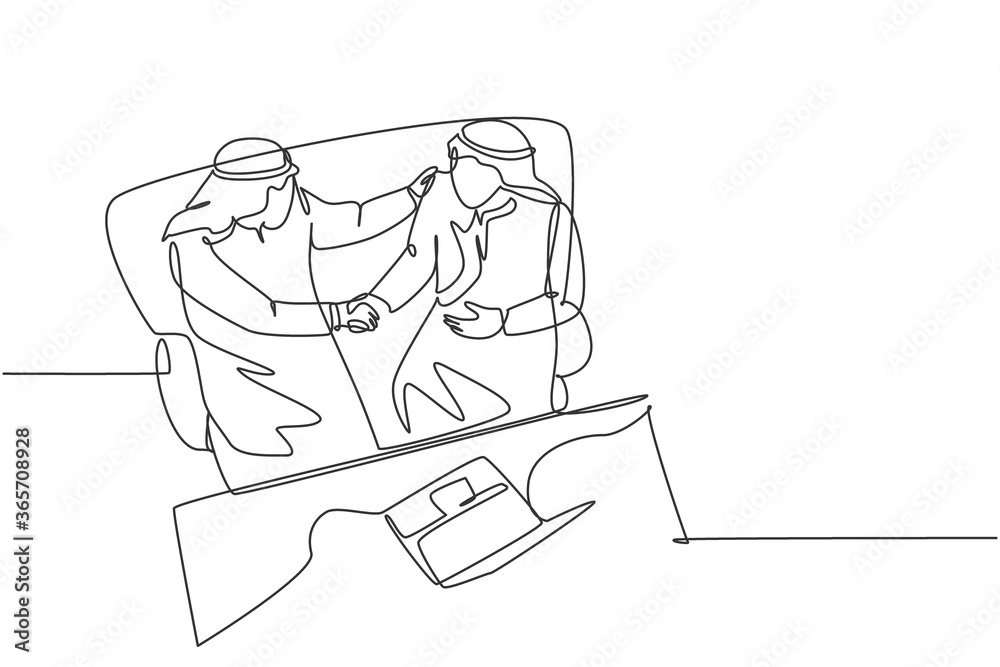 One continuous line drawing of young muslim business man handshake to deal a business project. Saudi Arabian businessmen with kandura, scarf and keffiyeh. Single line draw design vector illustration